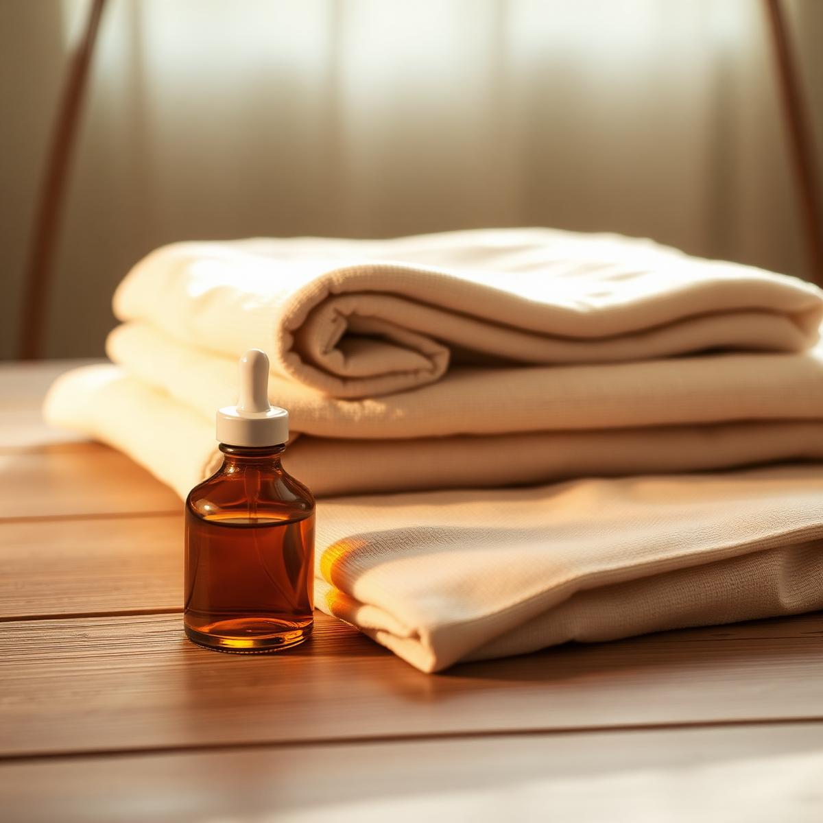 Linen and massage oil in warm light